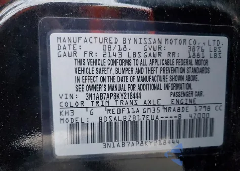 2019 Nissan Sentra S z USA, uszkodzony, nr VIN 3N1AB7AP8KY218444